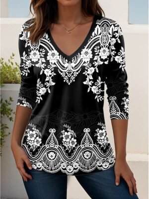 Stylish Regular Geometric Paisley V Neck Short Sleeve T-Shirt - Image 9