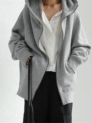 Stylish Regular Plain Full Zip Long Sleeve Hoodie Jacket - Image 1