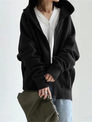 Stylish Regular Plain Full Zip Long Sleeve Hoodie Jacket - Image 7