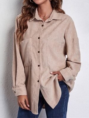 Stylish Regular Plain Shirt Collar Long Sleeve Tops - Image 5