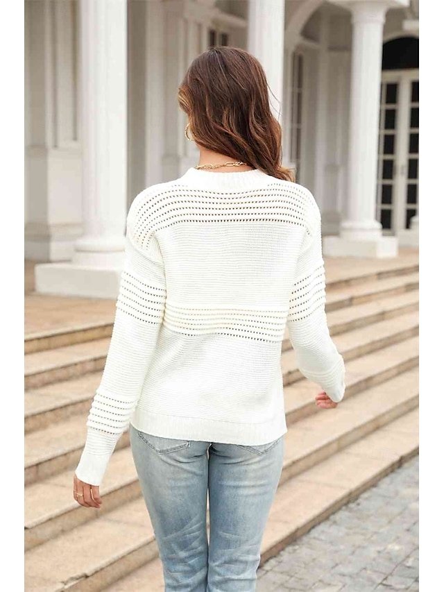 Stylish Regular Solid Crew Neck Braided Long Sleeve Knit Top - Image 2