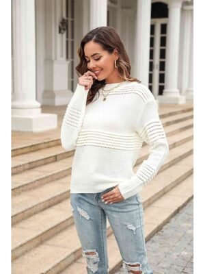 Stylish Regular Solid Crew Neck Braided Long Sleeve Knit Top - Image 3