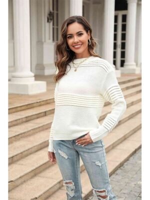 Stylish Regular Solid Crew Neck Braided Long Sleeve Knit Top - Image 4