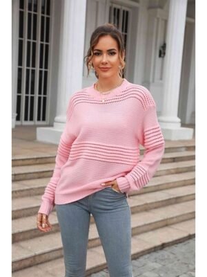 Stylish Regular Solid Crew Neck Braided Long Sleeve Knit Top - Image 5