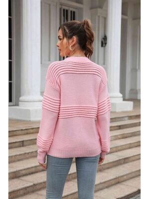 Stylish Regular Solid Crew Neck Braided Long Sleeve Knit Top - Image 6