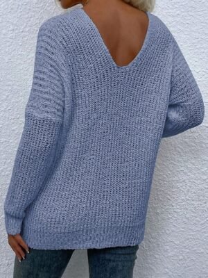 Stylish Regular Solid Deep V Neck Long Sleeve Knit Top - Image 3