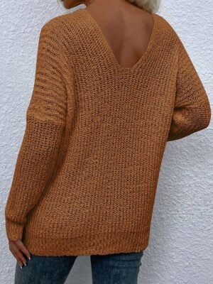 Stylish Regular Solid Deep V Neck Long Sleeve Knit Top - Image 5