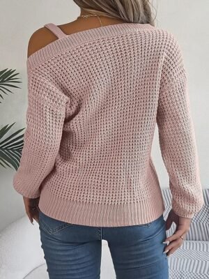 Stylish Regular Solid Ribbed One Shoulder Cold Shoulder Long Sleeve Knitted Top - Image 5