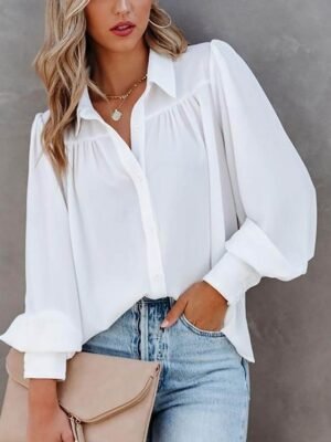 Stylish Regular Solid Shirt Collar Long Sleeve Regular Blouse - Image 1