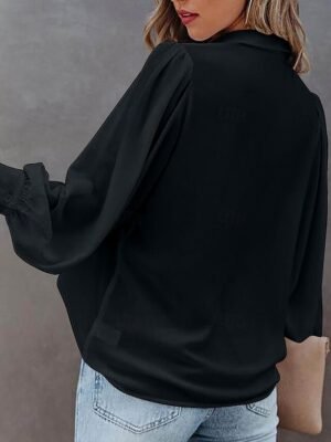 Stylish Regular Solid Shirt Collar Long Sleeve Regular Blouse - Image 11
