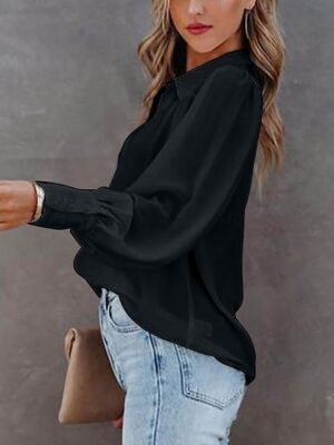 Stylish Regular Solid Shirt Collar Long Sleeve Regular Blouse - Image 12
