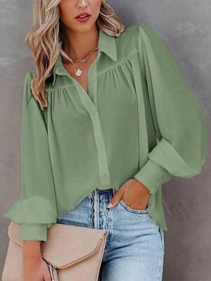 Stylish Regular Solid Shirt Collar Long Sleeve Regular Blouse - Image 14
