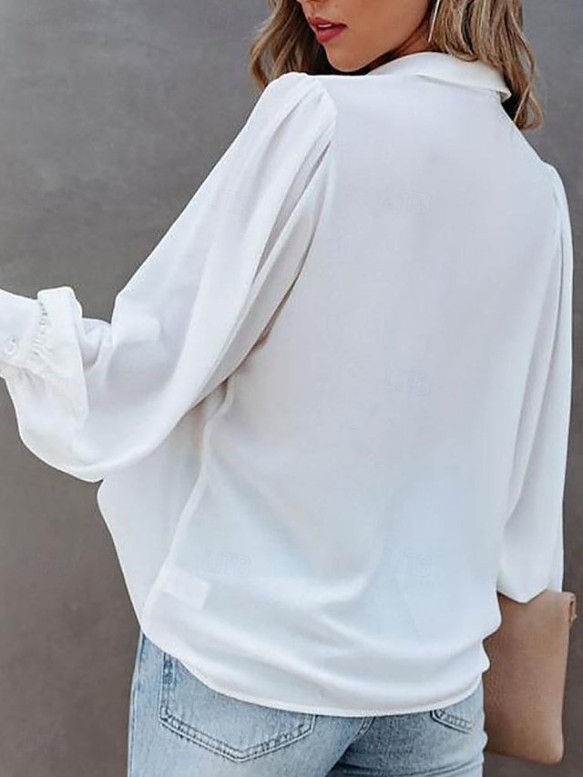 Stylish Regular Solid Shirt Collar Long Sleeve Regular Blouse - Image 2