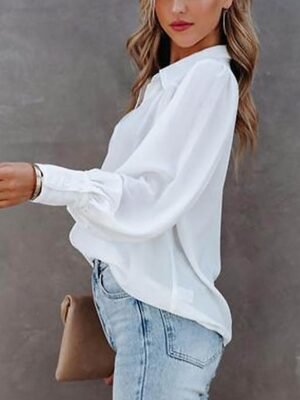 Stylish Regular Solid Shirt Collar Long Sleeve Regular Blouse - Image 3