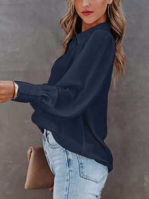 Stylish Regular Solid Shirt Collar Long Sleeve Regular Blouse - Image 6