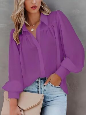 Stylish Regular Solid Shirt Collar Long Sleeve Regular Blouse - Image 7