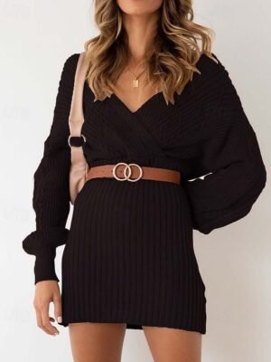Stylish Regular Solid V Neck Bishop Sleeve Knit Sweater Dress - Image 1