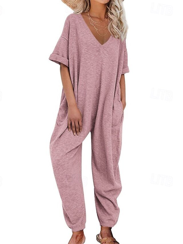 Stylish Regular Solid V Neck Half Sleeve Harem Jumpsuit - Image 2