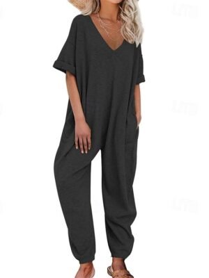 Stylish Regular Solid V Neck Half Sleeve Harem Jumpsuit - Image 3