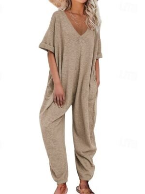 Stylish Regular Solid V Neck Half Sleeve Harem Jumpsuit - Image 6