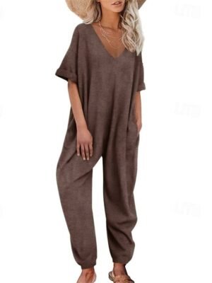 Stylish Regular Solid V Neck Half Sleeve Harem Jumpsuit - Image 8