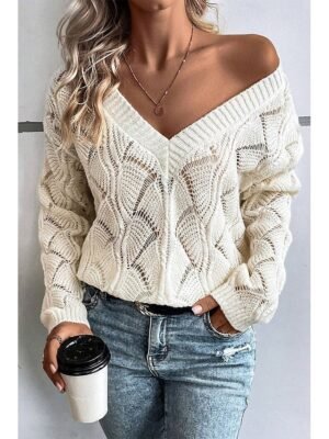 Stylish Regular Solid V Neck Hollow Out Long Sleeve Knit Top - Image 1