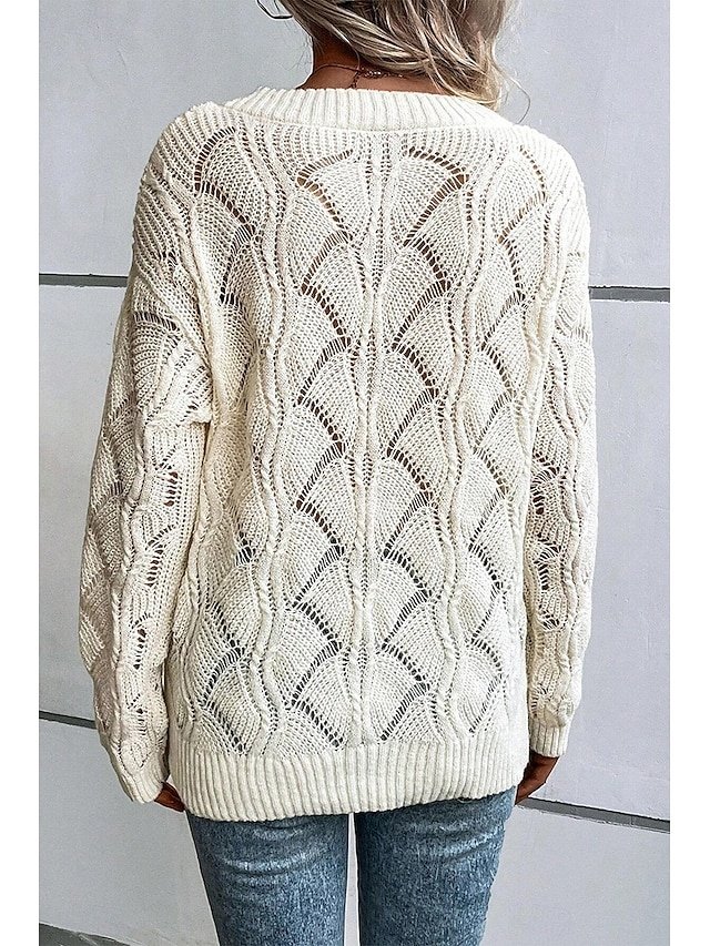 Stylish Regular Solid V Neck Hollow Out Long Sleeve Knit Top - Image 2