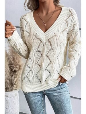 Stylish Regular Solid V Neck Hollow Out Long Sleeve Knit Top - Image 3