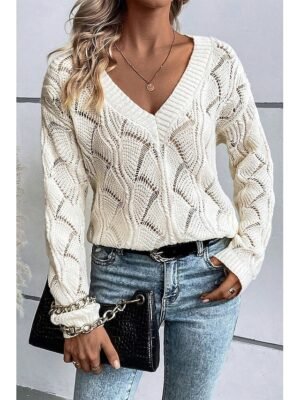 Stylish Regular Solid V Neck Hollow Out Long Sleeve Knit Top - Image 4
