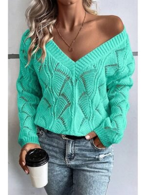 Stylish Regular Solid V Neck Hollow Out Long Sleeve Knit Top - Image 6