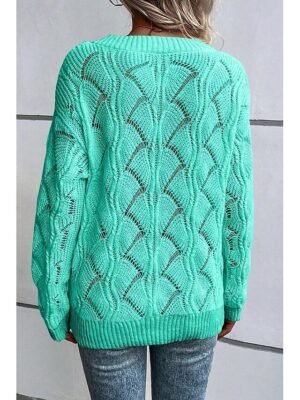 Stylish Regular Solid V Neck Hollow Out Long Sleeve Knit Top - Image 7