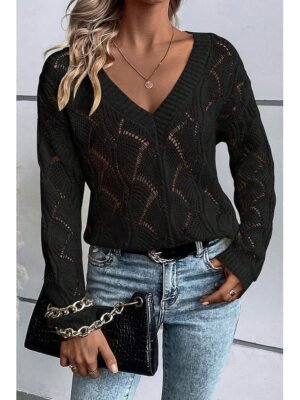 Stylish Regular Solid V Neck Hollow Out Long Sleeve Knit Top - Image 8