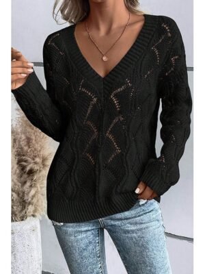 Stylish Regular Solid V Neck Hollow Out Long Sleeve Knit Top - Image 9