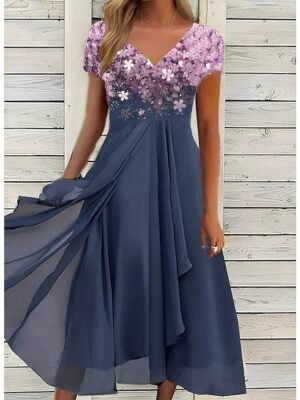 Stylish Ruched Floral V Neck Short Sleeve Midi Dress - Image 1