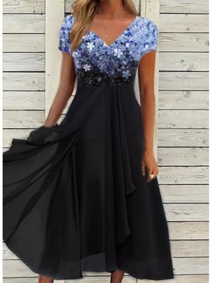 Stylish Ruched Floral V Neck Short Sleeve Midi Dress - Image 2