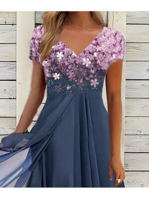 Stylish Ruched Floral V Neck Short Sleeve Midi Dress - Image 3