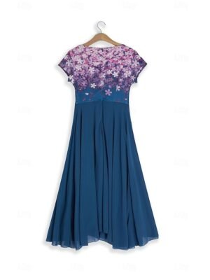 Stylish Ruched Floral V Neck Short Sleeve Midi Dress - Image 6