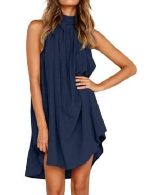 Stylish Shift Pure Colour Halter Sleeveless Mini Dress - Image 3