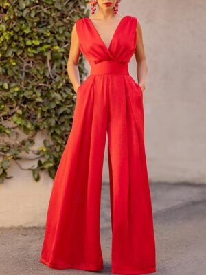 Stylish Slim Solid V Neck Sleeveless Wide Leg Jumpsuit - Image 3