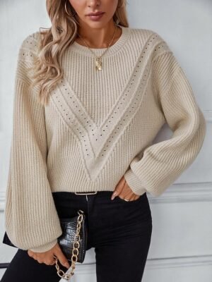 Stylish Solid Ribbed Crew Neck Lantern Sleeve Long Top - Image 1