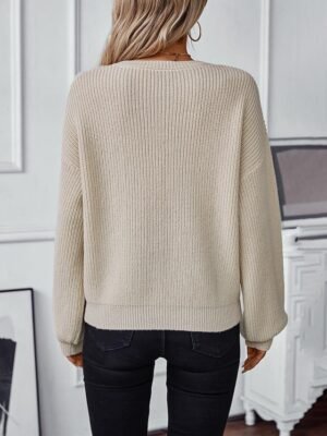 Stylish Solid Ribbed Crew Neck Lantern Sleeve Long Top - Image 2