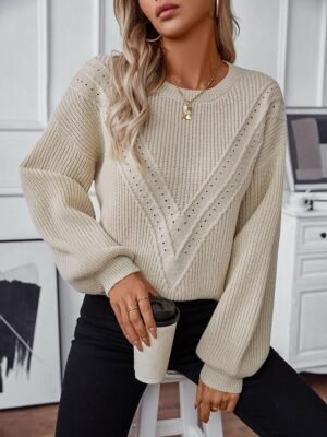 Stylish Solid Ribbed Crew Neck Lantern Sleeve Long Top - Image 3
