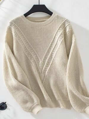 Stylish Solid Ribbed Crew Neck Lantern Sleeve Long Top - Image 4