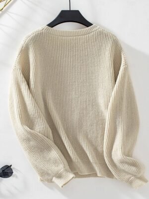 Stylish Solid Ribbed Crew Neck Lantern Sleeve Long Top - Image 5