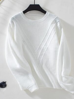 Stylish Solid Ribbed Crew Neck Lantern Sleeve Long Top - Image 6