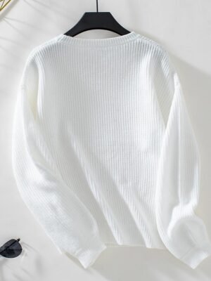 Stylish Solid Ribbed Crew Neck Lantern Sleeve Long Top - Image 7
