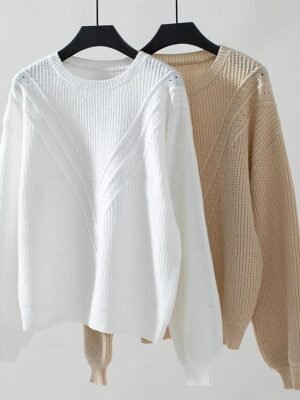 Stylish Solid Ribbed Crew Neck Lantern Sleeve Long Top - Image 8