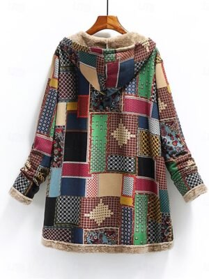 Stylish Vintage Regular Fit Print Long Sleeve Winter Coat - Image 3