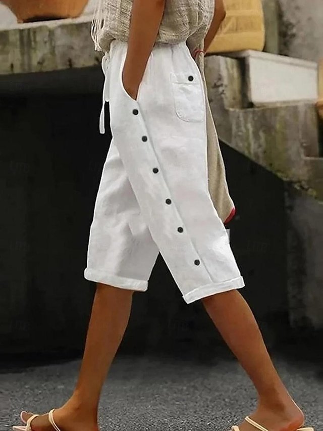 Summer Knee Length Black Cotton Linen Side Pocket Shorts - Image 1