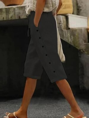 Summer Knee Length Black Cotton Linen Side Pocket Shorts - Image 2
